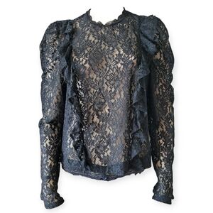 H&M Black Ruffled Trim Long Sleeve Lace Blouse Size Large Romantic